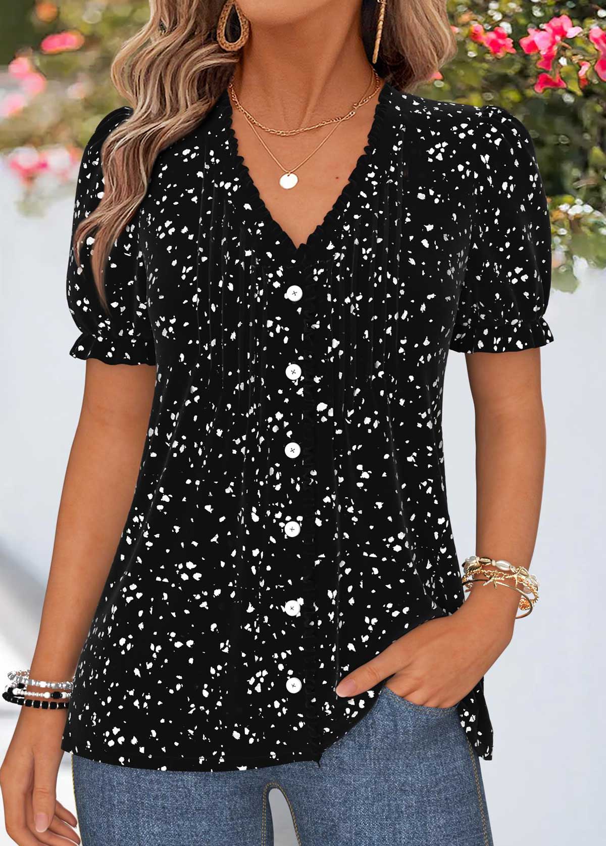 Black Geometric Print Frill Short Sleeve T Shirt | picture 
