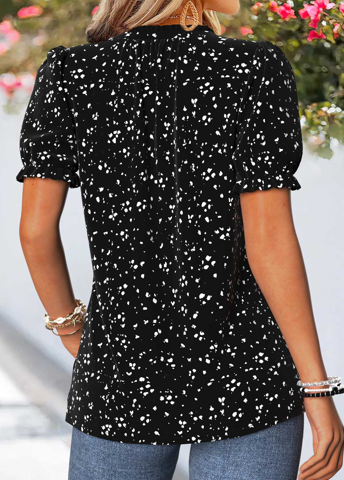 Black Geometric Print Frill Short Sleeve T Shirt | picture 