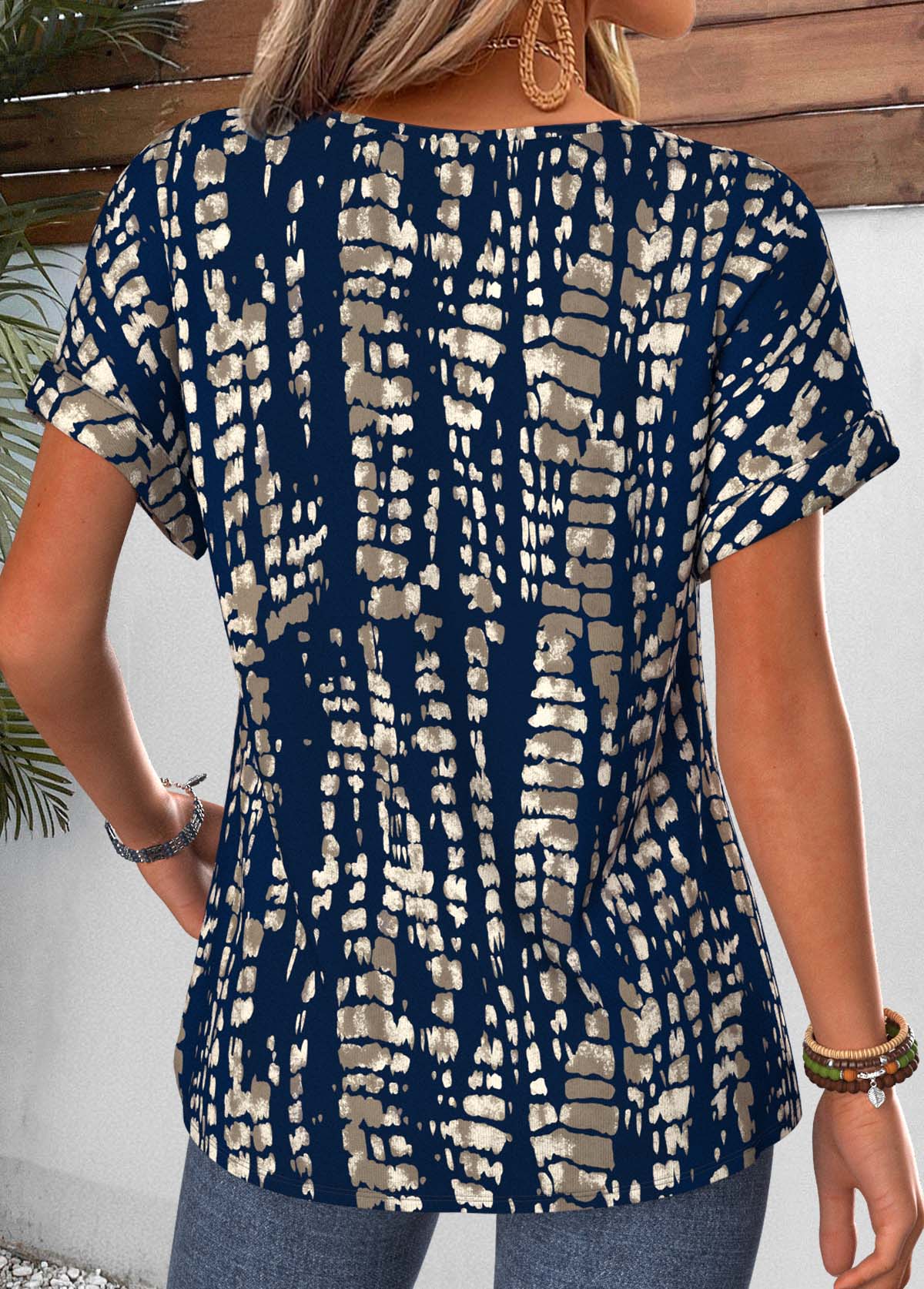 Navy Tie Dye Print Curved Hem T Shirt | picture 