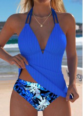 Mid Waisted Leaf Print Royal Blue Tankini Set