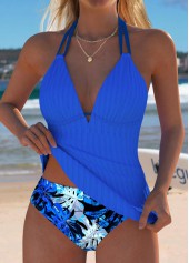 Mid Waisted Leaf Print Royal Blue Tankini Set | thumb picture 