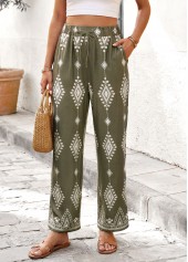 Olive Green Tribal Print Straight Leg Elastic Waist Pants