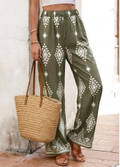 Olive Green Tribal Print Straight Leg Elastic Waist Pants | thumb picture 