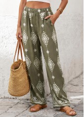 Olive Green Tribal Print Straight Leg Elastic Waist Pants | thumb picture 