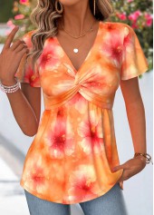 Orange Floral Print Twist Short Sleeve T Shirt