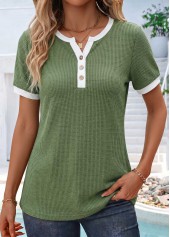 Olive Green Patchwork Short Sleeve Split Neck T Shirt