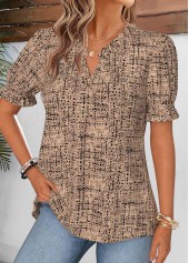 Dark Coffee Geometric Print Tummy Coverage Short Sleeve Blouse | thumb picture 