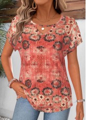 Red Tribal Print Tummy Coverage Short Sleeve T Shirt