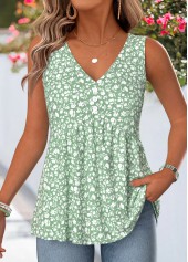 Green Ditsy Floral Print Curved Hem Sleeveless Tank Top