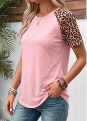 Light Pink Leopard Patchwork Short Sleeve T Shirt | thumb picture 