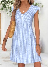 Light Blue Striped Short Shirred V Neck Dress