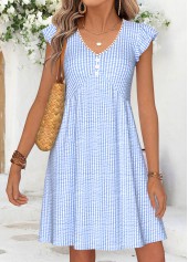 Light Blue Striped Short Shirred V Neck Dress | thumb picture 