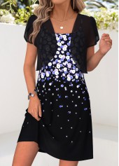 Black Floral Print Short Two-piece Dress and Cardigan