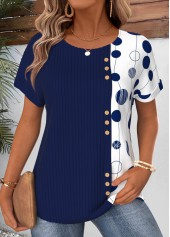 Navy Polka Dot Patchwork Short Sleeve T Shirt