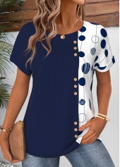 Navy Polka Dot Patchwork Short Sleeve T Shirt | thumb picture 