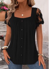 Black Pleated Short Sleeve Square Neck Blouse