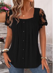 Black Pleated Short Sleeve Square Neck Blouse | thumb picture 