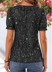 Black Curved Hem Short Sleeve V Neck Blouse | thumb picture 