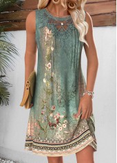 Sage Green Floral Print Short Tuck Stitch Dress | thumb picture 
