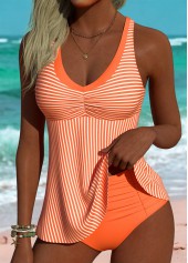Neon Orange Mid Waisted Tummy Coverage Striped Tankini Set | thumb picture 