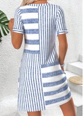 Blue Striped Short Split Neck Dress | thumb picture 