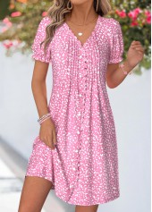 Pink Geometric Print Short Tuck Stitch V Neck Dress | thumb picture 