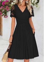 Black Patchwork Short Sleeve V Neck Dress