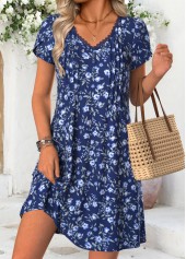 Blue Floral Print Short Tuck Stitch V Neck Dress
