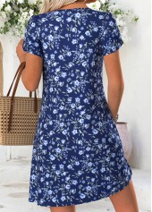 Blue Floral Print Short Tuck Stitch V Neck Dress | thumb picture 