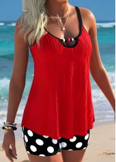 Red Mid Waisted Curved Hem Polka Dot Tankini Set