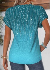 Cyan Leaf Print Patchwork Short Sleeve Split Neck Blouse | thumb picture 