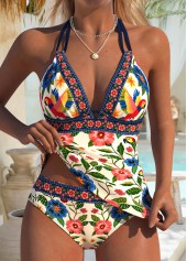 Beige Mid Waisted Lace Up Tankini Set