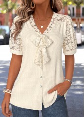 Beige Shirred Short Sleeve V Neck Blouse