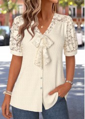 Beige Shirred Short Sleeve V Neck Blouse | thumb picture 