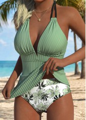 Sage Green Mid Waisted Tropical Plants Print Tankini Set | thumb picture 
