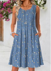 Blue Floral Print Short Tuck Stitch Sleeveless Dress