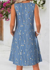 Blue Floral Print Short Tuck Stitch Sleeveless Dress | thumb picture 