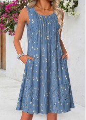 Blue Floral Print Short Tuck Stitch Sleeveless Dress | thumb picture 