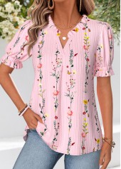 Pink Floral Print Corset Short Sleeve Split Neck Blouse