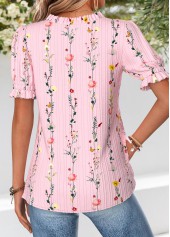 Pink Floral Print Corset Short Sleeve Split Neck Blouse | thumb picture 