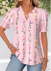 Pink Floral Print Corset Short Sleeve Split Neck Blouse | thumb picture 