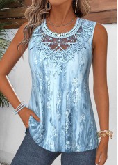 Dusty Blue Random Floral Print Curved Hem Tank Top