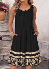 Black Tribal Print Tuck Stitch Sleeveless Round Neck Dress | thumb picture 
