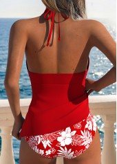 Red Mid Waisted Lace Up Floral Print Tankini Set | thumb picture 