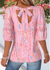 Pink Geometric Print Bowknot Half Sleeve T Shirt