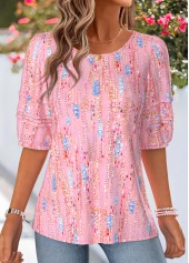 Pink Geometric Print Bowknot Half Sleeve T Shirt | thumb picture 