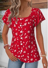 Red Floral Print Curved Hem Short Sleeve Blouse | thumb picture 