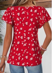 Red Floral Print Curved Hem Short Sleeve Blouse | thumb picture 
