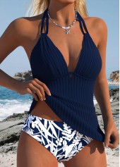 Navy Mid Waisted Two-piece Floral Print Tankini Set | thumb picture 