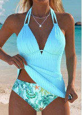 Cyan Mid Waisted Drawstring Marine Life Print Tankini Set